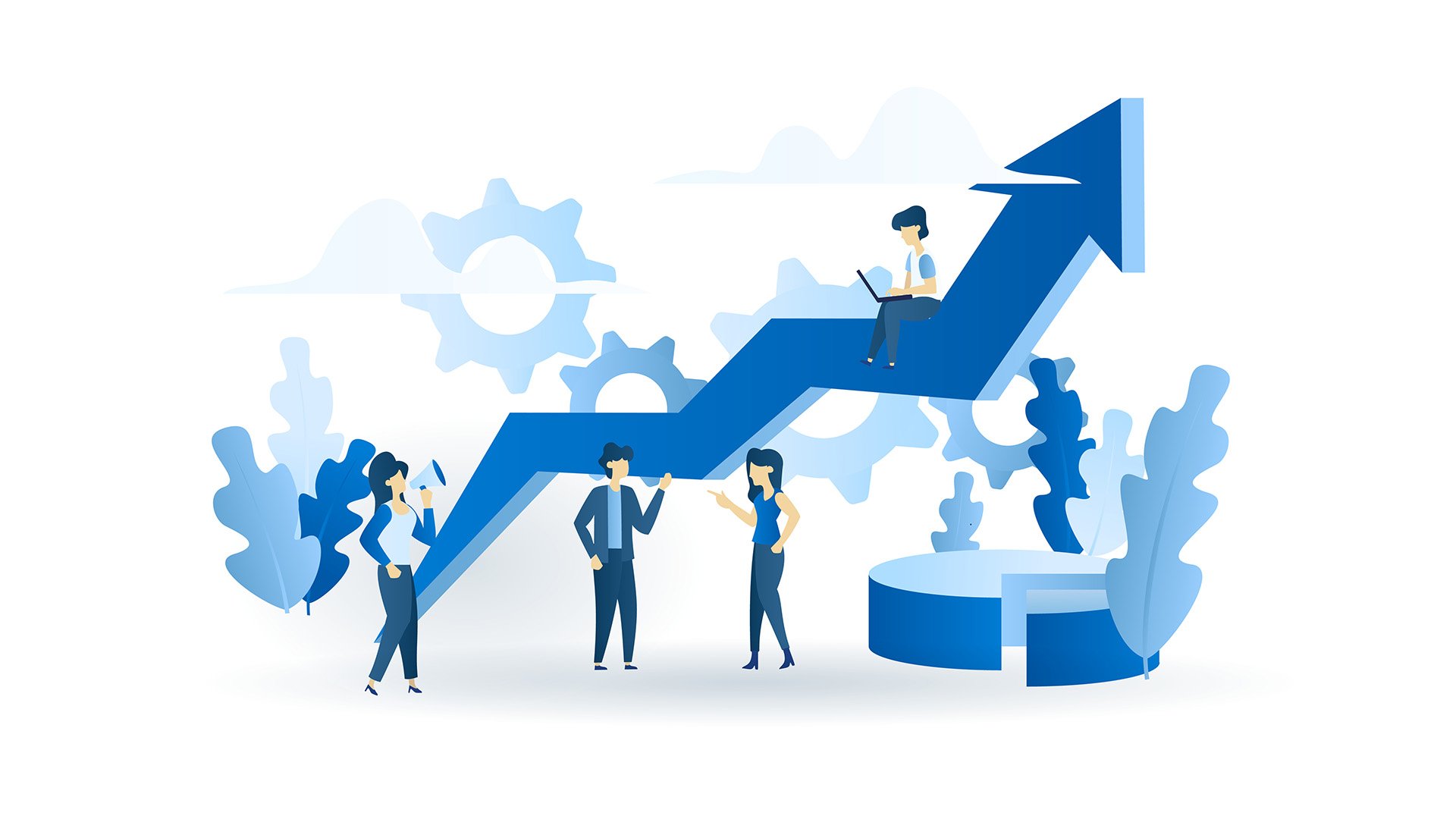 Illustration of business professionals collaborating around an upward arrow symbolizing growth