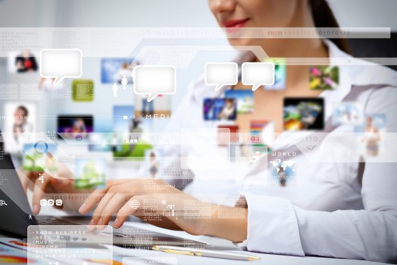 Graphic featuring a woman working on a computer with a dynamic montage of floating graphics