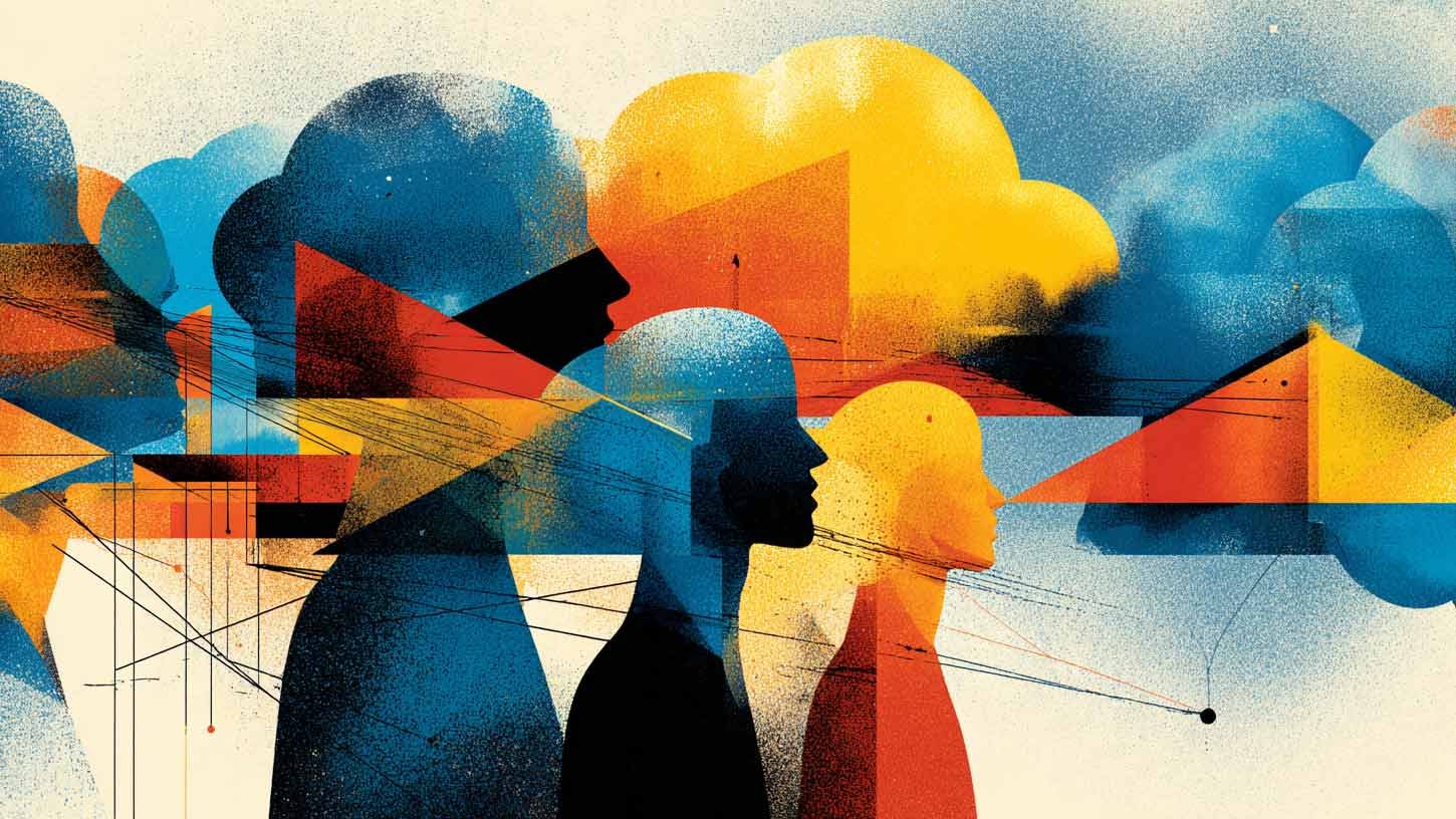 Abstract illustration of silhouetted learners linked by lines and geometric shapes, representing scalable blended learning for hybrid, global teams.