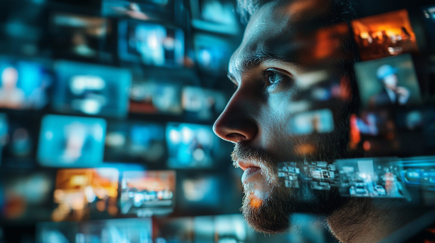 Close-up of a bearded man’s face with digital screens reflecting on him in a futuristic setting.