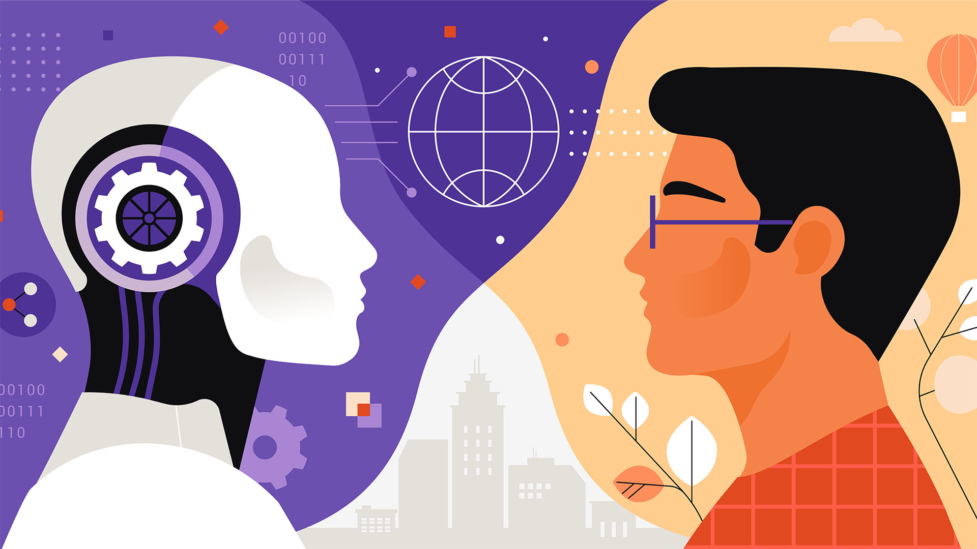 Illustration of a human facing a robot with visible gears, symbolizing the integration of AI in L&D.