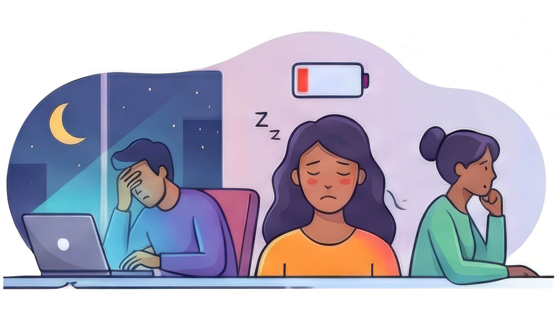 Illustration of exhausted employees showing signs of burnout