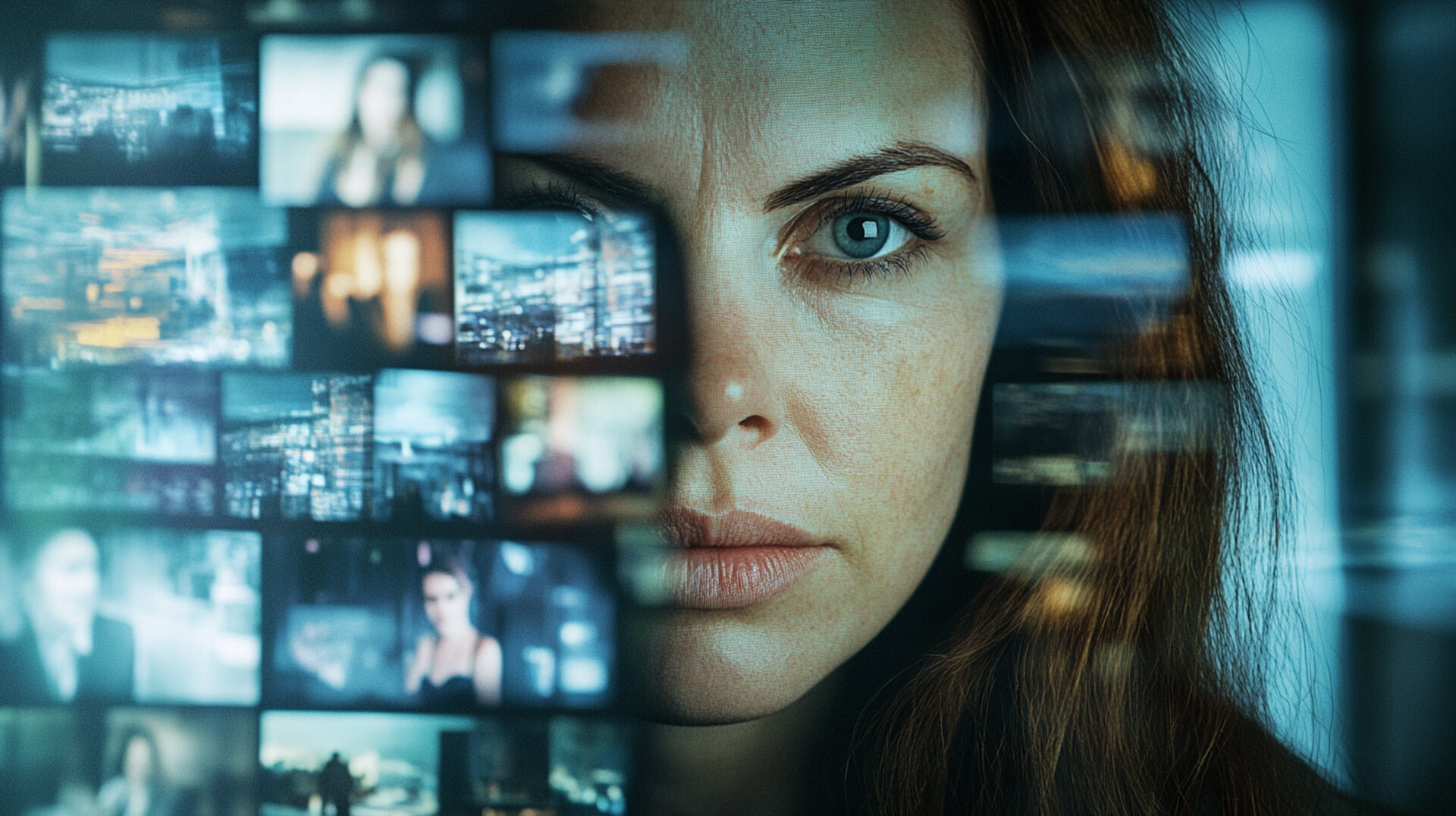 Close-up of a woman’s face with intense focus, overlaid by a double exposure of digital screens displaying various images and scenes, representing technology and information overload.