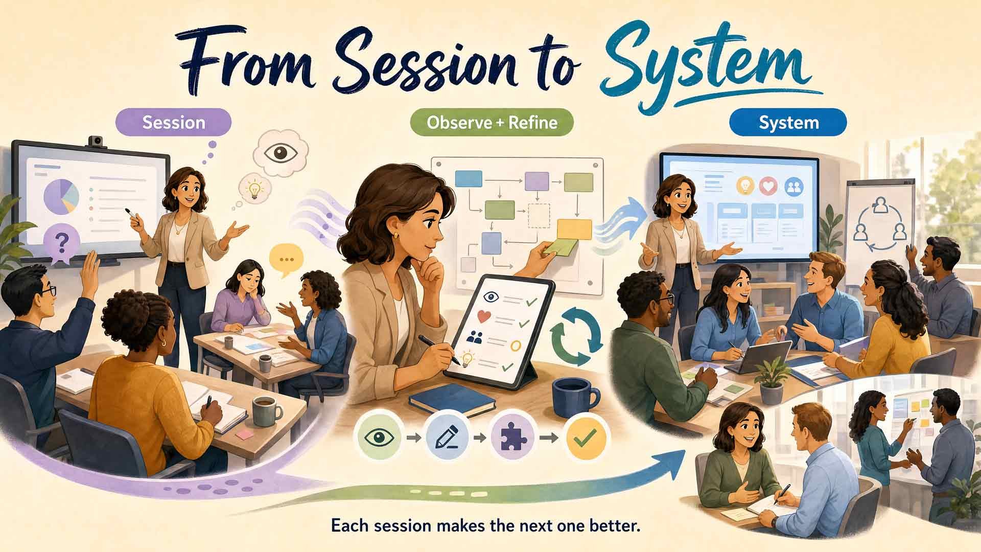 Illustration of a continuous learning system that improves training performance and organizational impact