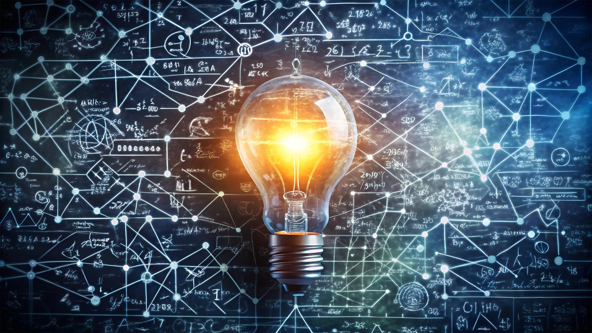 A lightbulb glows on a dark background