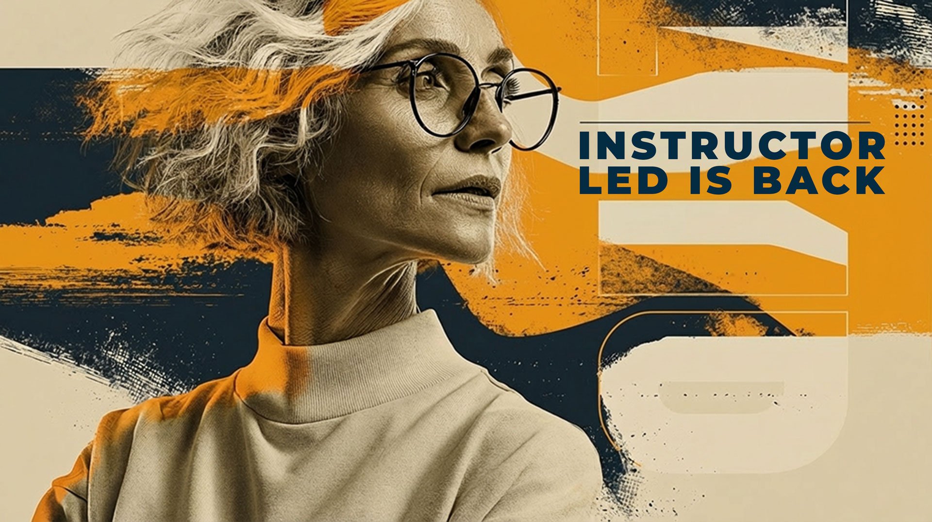 Woman with yellow and blue graphics overlapping her looking to the right looking at the head line 
