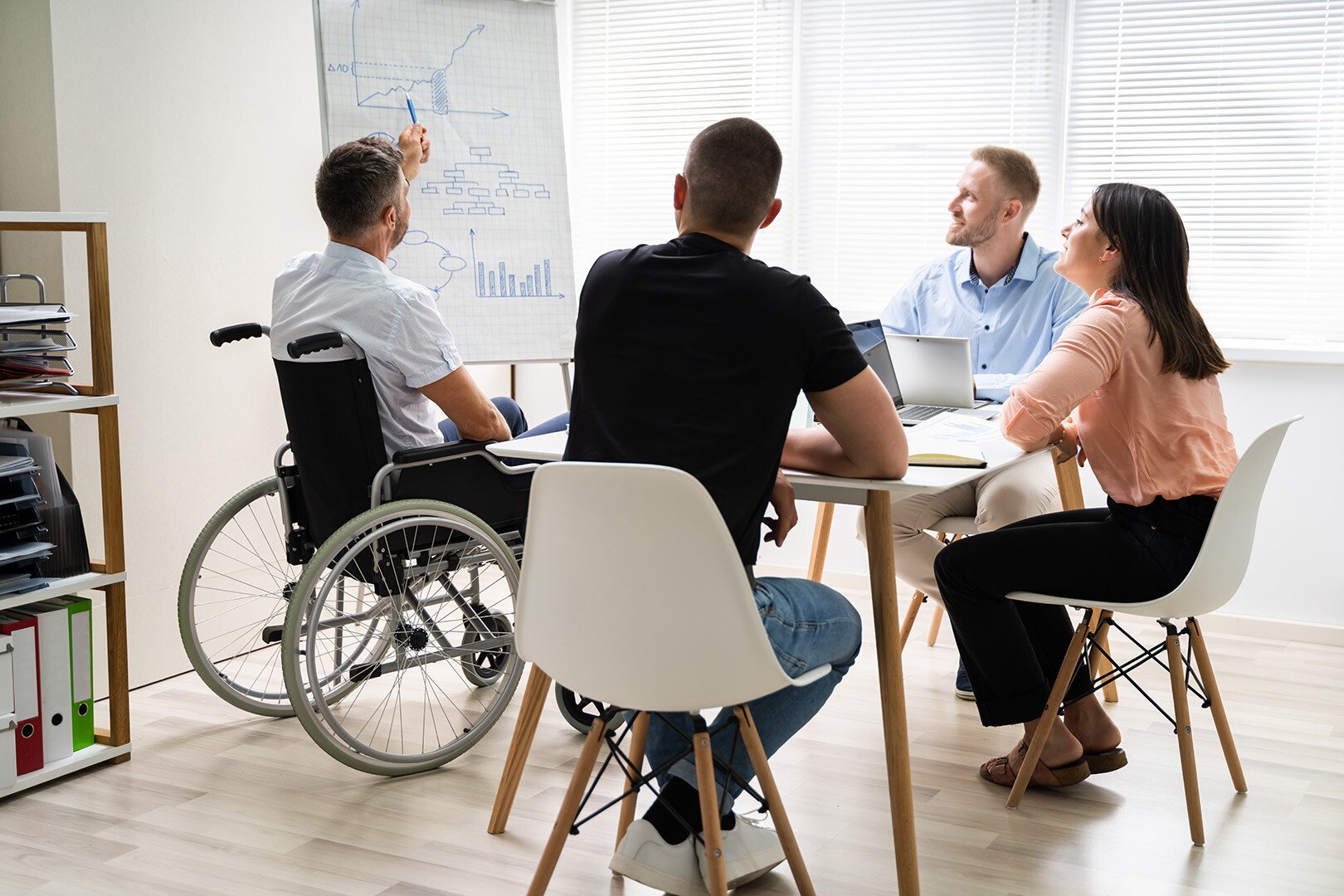 A dynamic group of people sit at a table discussing a whiteboard