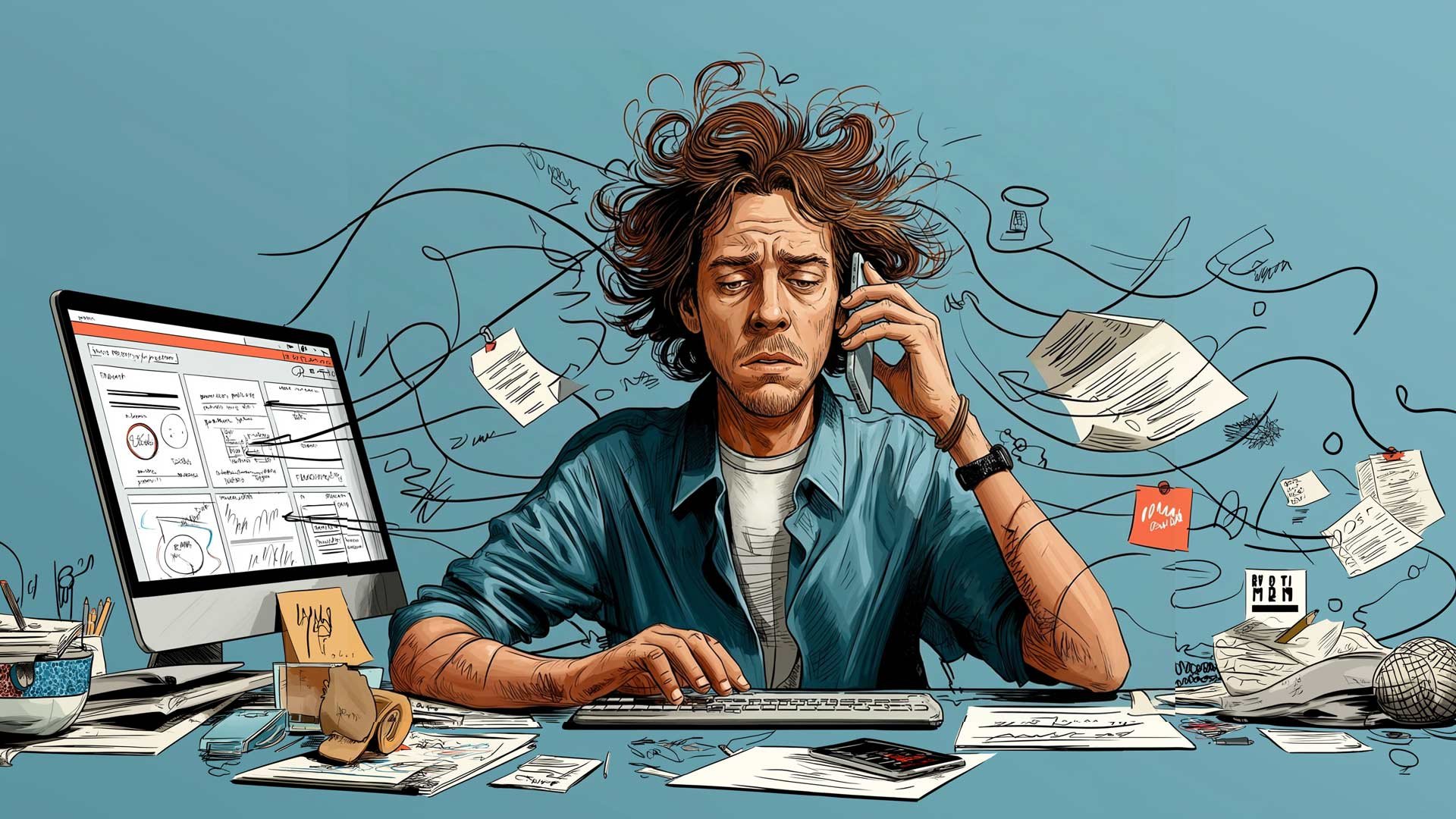 Illustration of an overloaded L&D professional juggling calls, content, and tasks, representing learning and development teams doing it all under heavy workload.