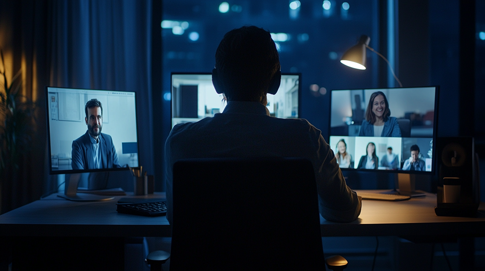 Silhouette of a person in front of multiple monitors