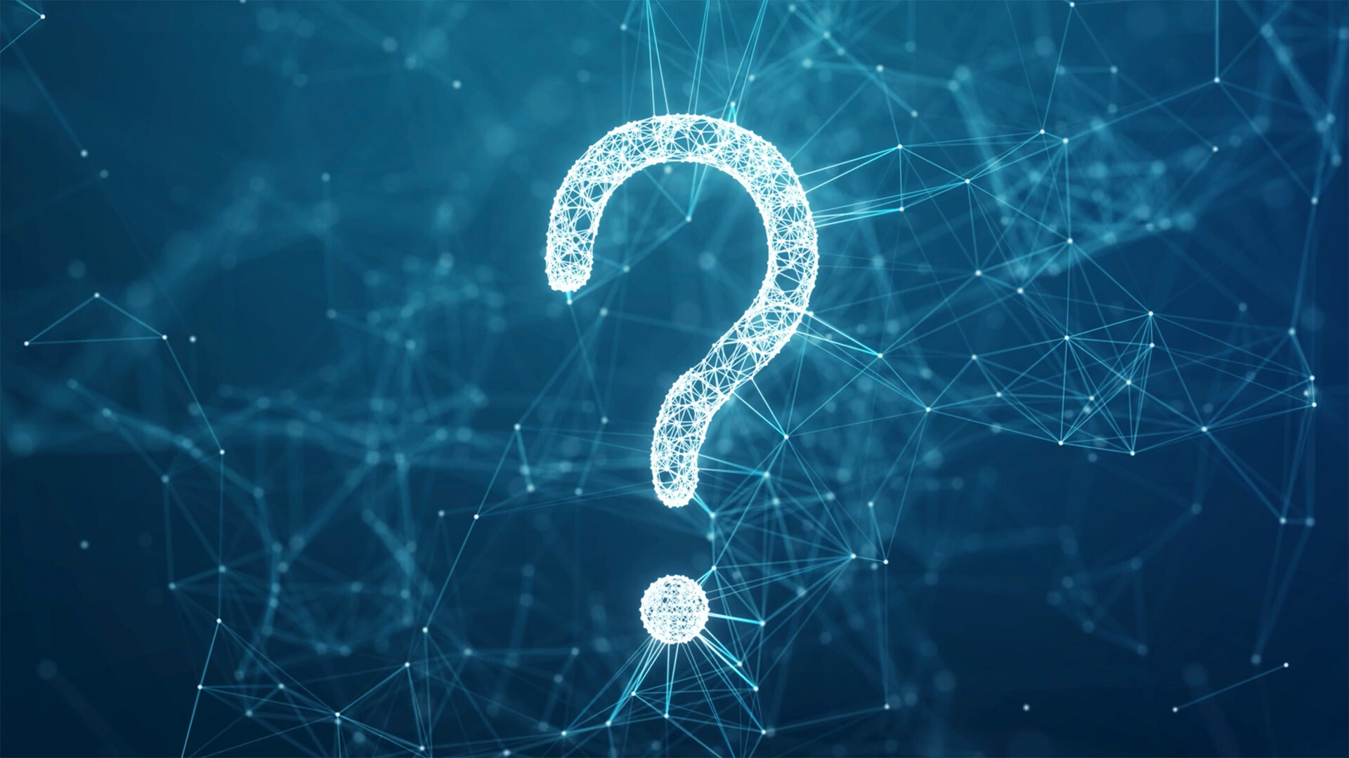A digital network pattern forming a question mark on a blue background, symbolizing inquiry or uncertainty within a technological context.