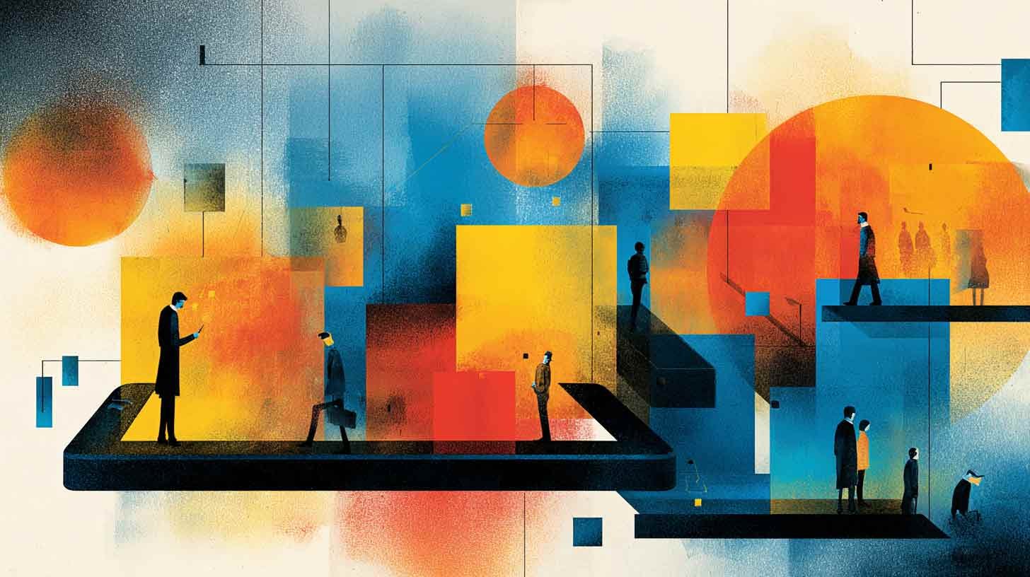 People moving along digital pathways, visualizing scalable blended learning that supports every moment of need on the job.